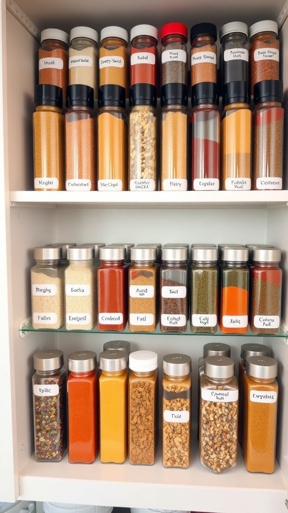 An organized spice rack with clear jars labeled with different spices in a bright kitchen.